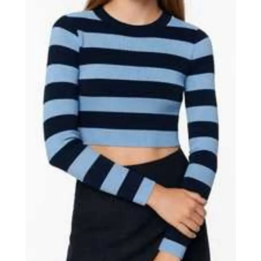 Zara Navy Blue Striped Ribbed Knit Long Sleeve Cropped Top Size S 90's Y2K